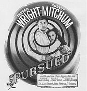 Black-and-white film poster with an image of a young man and woman holding each other. They are surrounded by an abstract, whirlpool-like image; the central arc of the thick black line that define it encircles their head. Both are wearing white shirts and look forward with tense expressions; his right arm cradles her back, and in his hand he holds a revolver. The stars' names—Teresa Wright and Robert Mitchum—feature at the top of the whirlpool; the title and remainder of the credits are below.