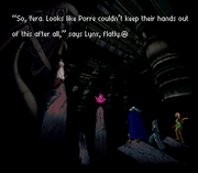 A background of dark, ancient ruins, a pillar to the left, a man in white standing on the pillar, a pillar in the middle on which a scarlet jewel sits, an outcropping on the right on which three characters stand, including Magil in dark blue clothes, Serge in blue clothes, and Kid in green and brown clothes, "'So, Vera. Looks like Porre couldn't keep their hands out of this after all,' says Lynx, flatly