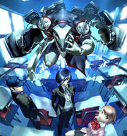 Two male and one female student stand in a classroom. Behind and above the Protagonist, who stands at the center, is the Persona Thantos, a humanoid demon with eight coffins attached to its body via chains.