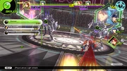 A battle from Tokyo Mirage Sessions ♯FE, showing the battle arena, main characters, current enemies, and HUD display