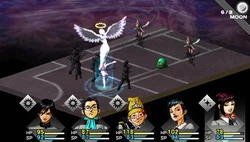 Screenshot of combat in Shin Megami Tensei: Persona, showing one of the main characters summoning a Persona in battle.