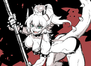 A black-and-white rendition of Bowsette, here with a long tail, wielding a weapon, and wearing a spiked bikini.