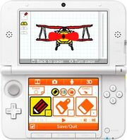 Flipnote Studio 3D running on a white 3DS XL. The tool selection screen is open on the bottom screen.