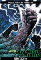 The page depicts three desiccated hands breaking through the ground of a graveyard, one wearing a Black Lantern ring. The text reads: "Across the universe, the dead will rise. Green Lantern: The Blackest Night