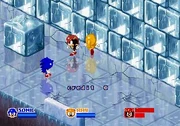 From left: Sonic, Mighty, and Ray skate across an ice-themed level.