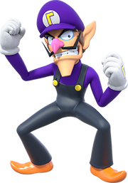 Promotional artwork of Waluigi wearing a purple hat and long sleeved shirt and black overalls
