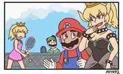 A comic panel depicting Mario and Bowser, the latter transformed into a character resembling Peach, walking past a visibly shocked Peach and Luigi.