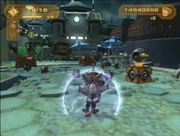 Ratchet and Clank on a planet's surface. Visible are the weapon and bolt information, and a Gadgetron vendor. The player is currently equipped with a shield barrier, and wearing the Infernox armor.