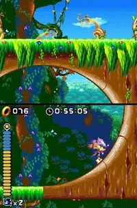 Blaze runs through a loop in an early level of the game, demonstrating the dual-screen feature.