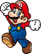 2D illustration of a cartoon plumber with a mustache, a large round nose, a red cap with the letter M, a red shirt, blue overalls, and brown shoes.