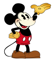 A smiling cartoon mouse with round ears, red shorts with white buttons, yellow gloves, and round brown shoes.
