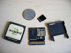 Larger flashcart, shown with small card and U.S