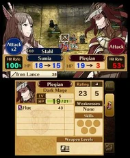 Screenshot of a battle in Fire Emblem Awakening, showing two characters about to fight one another. The basic mechanics of the battle system are all displayed.