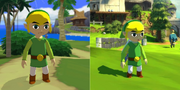 A comparison of the graphics of Wind Waker HD and the original GameCube release, Wind Waker, with the original on the left and the remake on the right. Both screenshots prominently feature Link standing on an island.