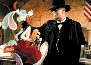 Judge Doom (played by ) threatens Roger Rabbit before introducing him to the dip. , , , and  were commonly used during filming to help the actors interact with "open air and imaginative cartoon characters"