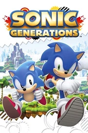 Cover art of Sonic Generations, depicting Classic (left) and Modern (right) variants of Sonic the Hedgehog running alongside each other in a warped version of Green Hill Zone. The game's logo is seen atop of them.