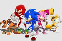 Sonic Boom features a cast of characters designed for Western audiences. From left to right: Sticks (a new character to the series), Knuckles, Sonic, Amy and Tails.