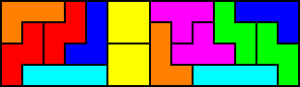 A 14x4 rectangle filled with two sets of one-sided tetrominoes