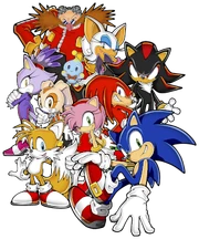 A variety of  characters gathered. Clockwise from top: , Rouge the Bat, , , , Amy Rose, , Cream the Rabbit, Cheese the Chao (flying, center), and Blaze the Cat. Art by .