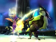 An in-game screenshot for A New Beginning. Spyro is seen fighting an ape soldier with an electricity move.