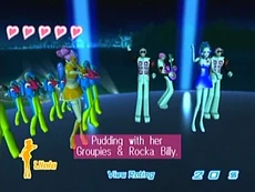 Ulala battles a rival reporter during a "boss" encounter.
