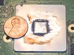 ATi "Flipper" (180 nm) shaven down to show the silicon die.