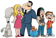 A group picture of a cartoon family, with an alien, mother, father, fish in a bowl, daughter and son