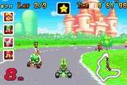 The player, as , racing on Peach Circuit, the first course of the game.