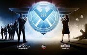 Cast of Agents of S.H.I.E.L.D. (left) and Peggy Carter (right) in a promotional image.