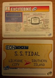 Two e-Reader cards. The top card is one of the five cards needed to play  and the bottom card is the EON Ticket, a promotional card for  .