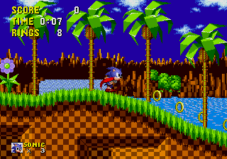 Classic green hill zone level and the icon loop sonic runs across/through.