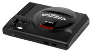 An edition of the original model of the Sega Genesis. It is a black system that resembles an audio player, with a slot on top to insert game cartridges.