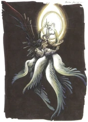 Ever since his transformation into the boss "Safer Sephiroth", the character has always been illustrated alongside a black wing, symbolizing his dark and divine nature.