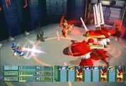 A boss battle against Silver Horn in the game in which the player is using X, Spider and Massimo. X is attacking the boss with his buster while Spider is in his Hyper Mode which makes him barely visible.