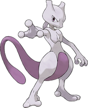 A large white and purple creature standing upright with its right arm outstretched towards the viewer. It has a feline-shaped head, long purple tail and stomach, enlarged thighs, three fingers, and two toes.
