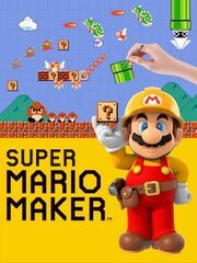 Mario, wearing a construction worker outfit is holding a ? Block next to the game's logo. On the top a hand is making a course done in the style of the original Super Mario Bros. for the NES.