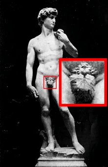 The plaster  of  at the  has a detachable plaster  which is displayed nearby. Legend claims that the fig leaf was created in response to 's shock upon first viewing the statue's nudity, and was hung on the figure prior to royal visits, using two strategically placed hooks