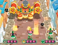 Mario battling Luigi, Peach, and Yoshi in the "Verbal Assault" minigame
