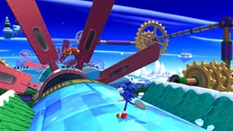 In-game screenshot of the "Frozen Factory" level from the Wii U version