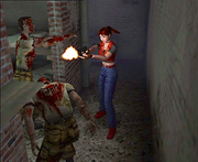  firing at zombies. The environments are rendered in real time, unlike previous games which used pre-rendered backgrounds.