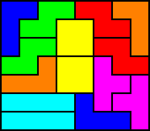 An 8x7 rectangle filled with two sets of one-sided tetrominoes