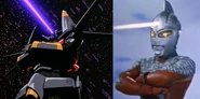 One of the Gunbuster's poses when firing the Buster Beam, compared to Ultraseven's pose for the Type C Emerium Beam.