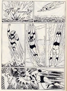 Ultraman flew to the air with his body still burning, then dove into the sea and extinguished the fire. And he soared again and slammed Pestar.