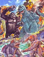 Guesra vs. Red King, with King Kong battling Godzilla behind