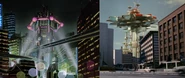 Earth Defense Force Building compared to the ZAT Far East Headquarters. Note the similarity of both buildings on the far right