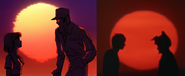 Noriko and Coach standing face to face in front of the sunset, compared to Gen and Dan