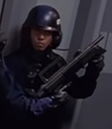 Security member with a submachine gun