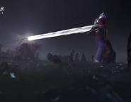 Ultraman Tiga fires a Zepellion Ray to Gatanothor
