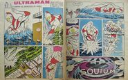 Argentina comic 'Ultraman' in magazine Billiken in 1969. On the way from the scene on the left to the scene on the right, "the scene where Ultraman is being enveloped into a lump of oil by Pestar in the sea" is omitted, so the connection is difficult to understand.