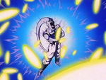 Vegeta's energy blasts bounce off Super Buu's forcefield.